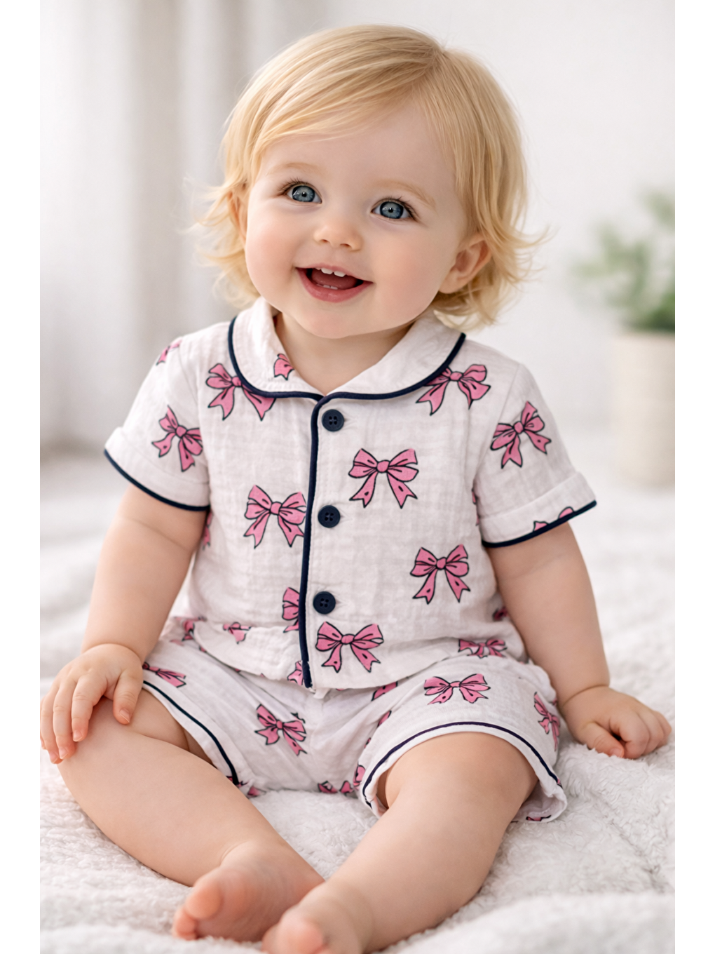 Beyaz Kız Bebek Müslin Kumaş Alt-Üst Pijama Takımı 2li Takım Şortlu Yazlık