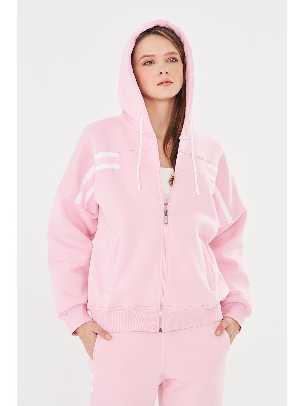 Kadın İçi Polarlı Kapüşonlu Kışlık Eşofman Takımı Pembe 8520-P-7