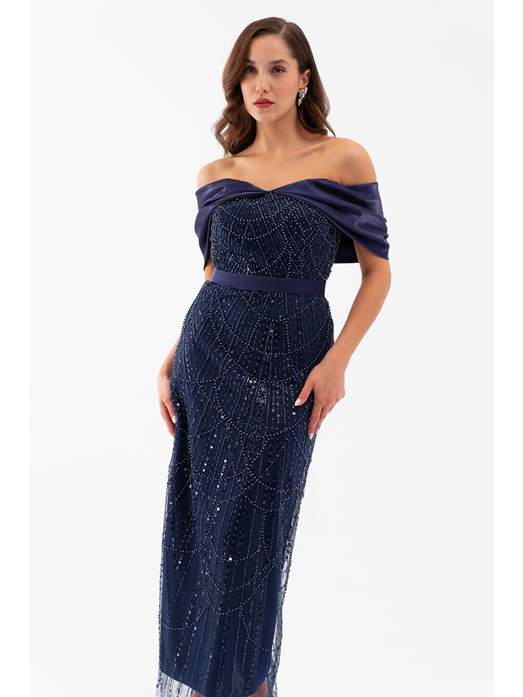 Kadın Lacivert Kayık Yaka Midi Boncuklu Abiye Elbise-2