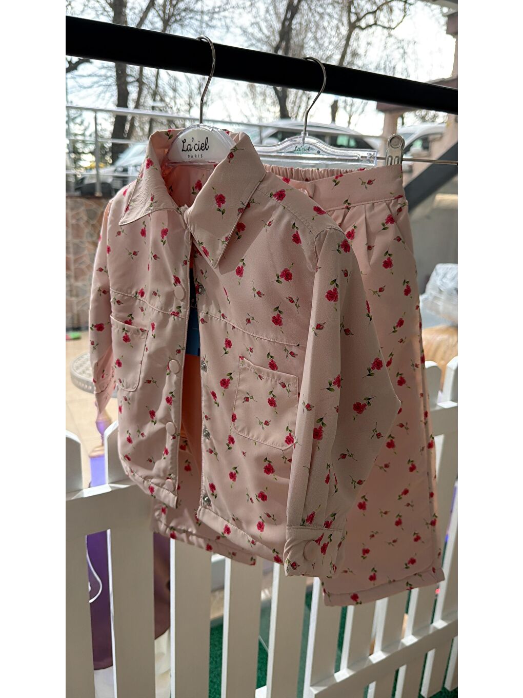 Kız Çocuk Pamuklu Pembe Çiçek Desenli Ceket Yaka Pantolon Takım-4