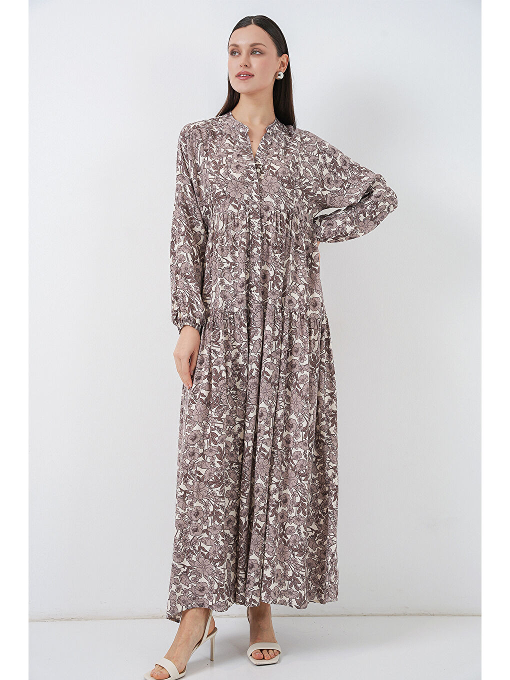 Kahverengi Kadın Desenli Uzun Tesettür Elbise 2585 - E. Kahve-4