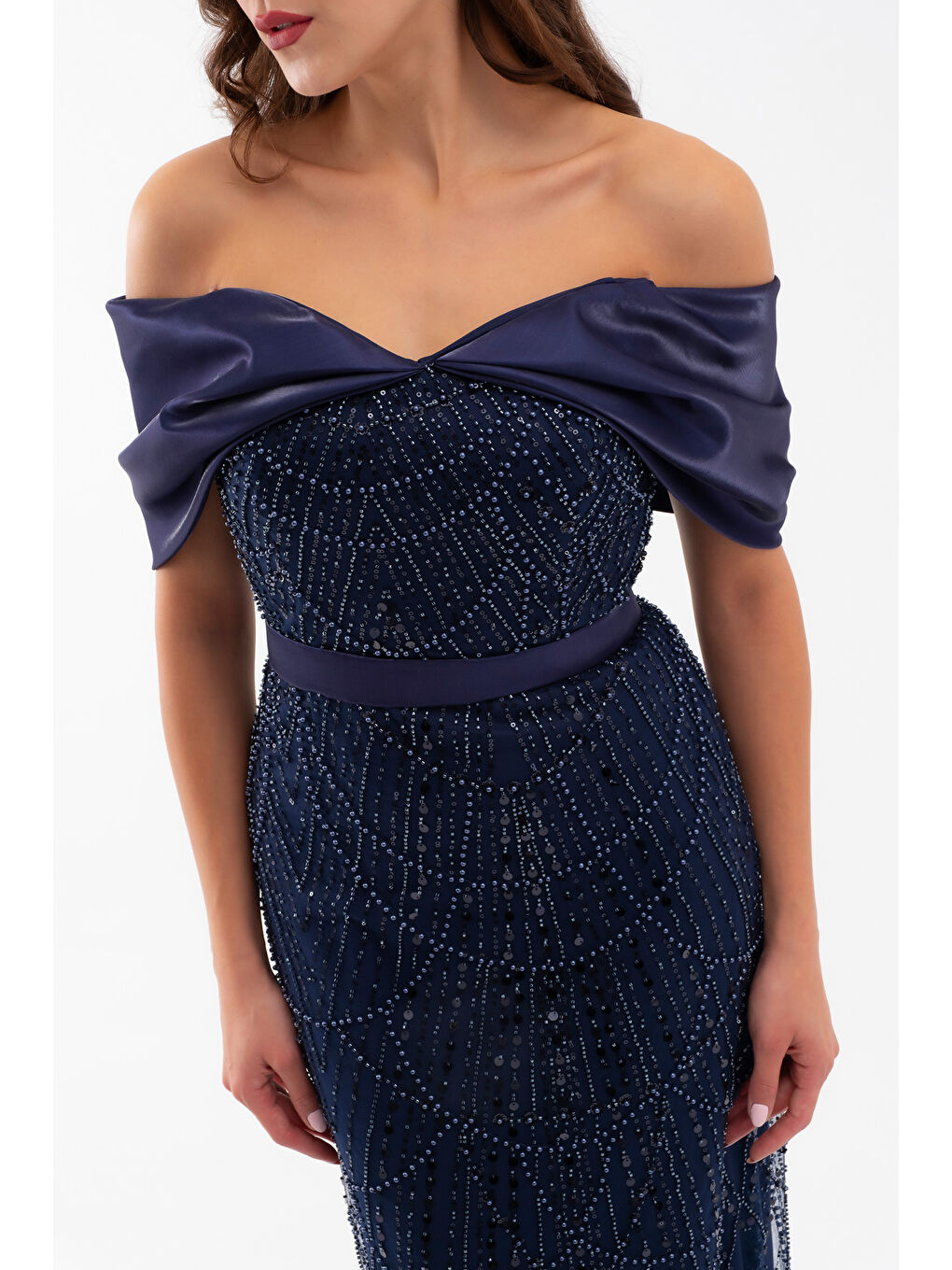 Kadın Lacivert Kayık Yaka Midi Boncuklu Abiye Elbise-3