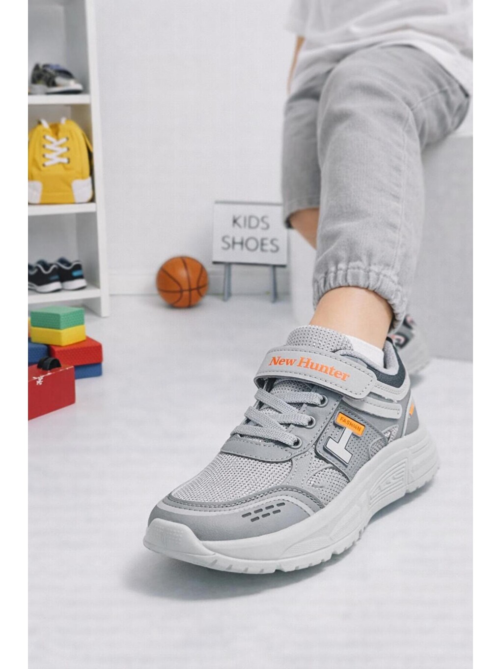 Gri Unisex Çocuk Spor Günlük Hafif Taban Cırtlı Bağcıklı Nefes Alabilen Kaymaz Okul Ve Günlük Sneaker-4