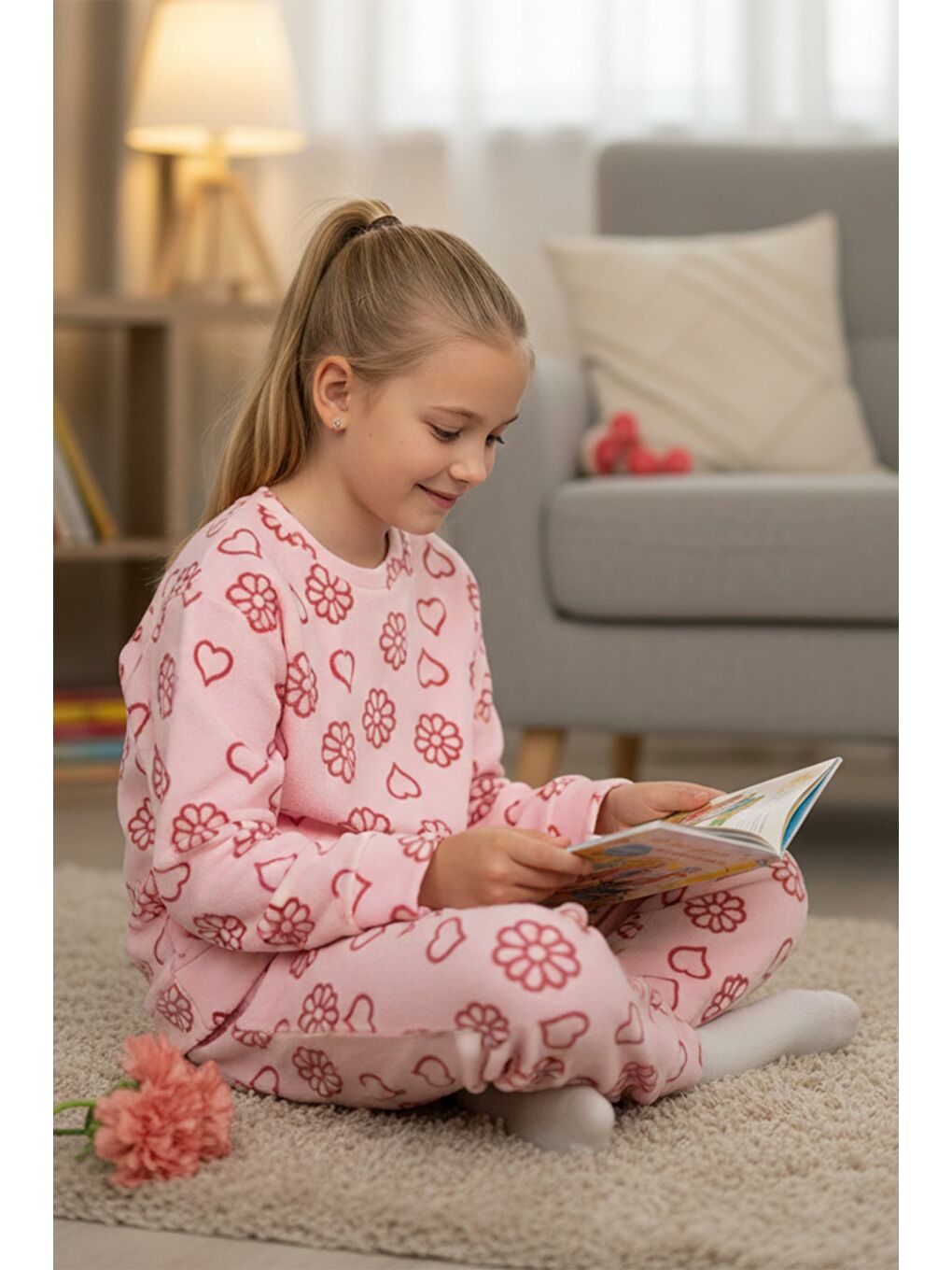 Pembe Çiçek Ve Kalp Desenli Kız Çocuk 2 Li Polar Takım-1