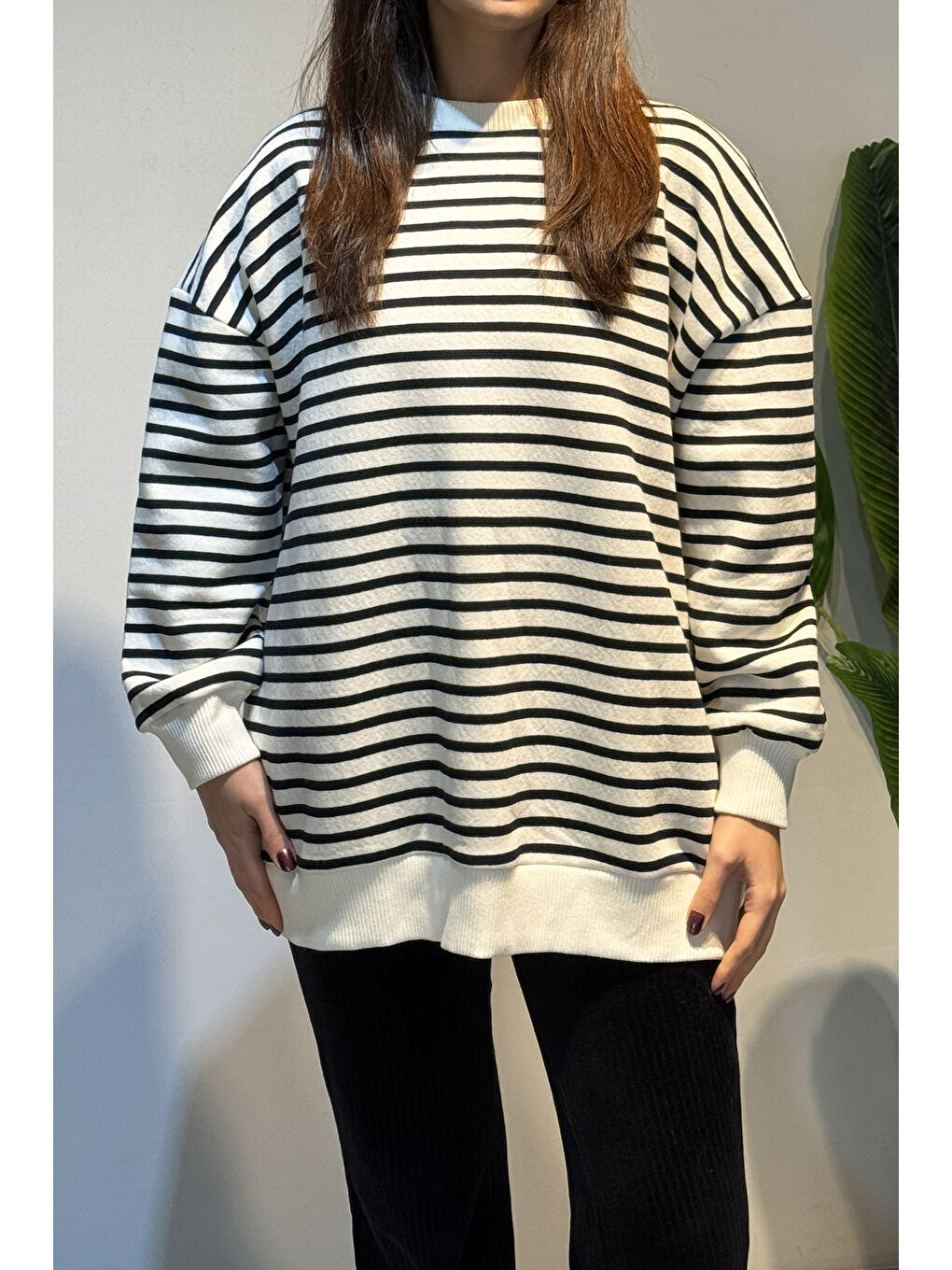 Bisiklet Yaka Çizgili Basic Uzun Kol Sweatshirt 3030 Lacivert-1