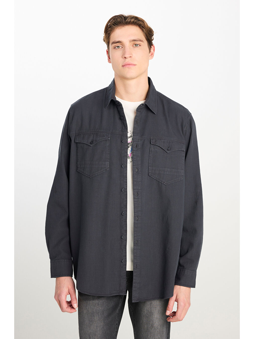 Antrasit Regular Fit Normal Kesim %100 Pamuk Gömlek Ceket-1