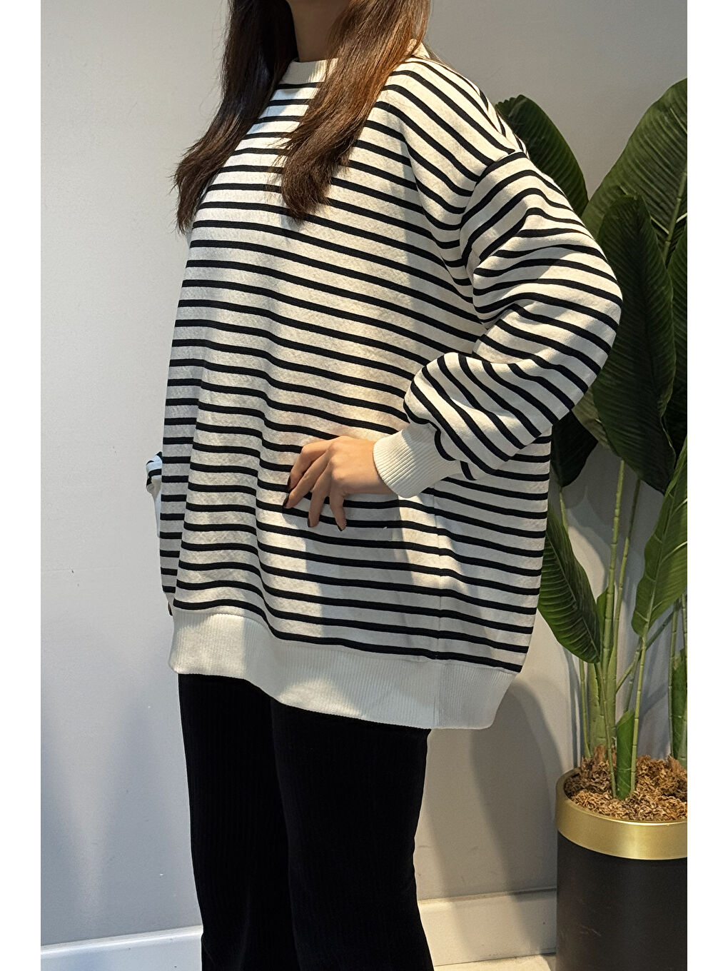 Bisiklet Yaka Çizgili Basic Uzun Kol Sweatshirt 3030 Lacivert-2