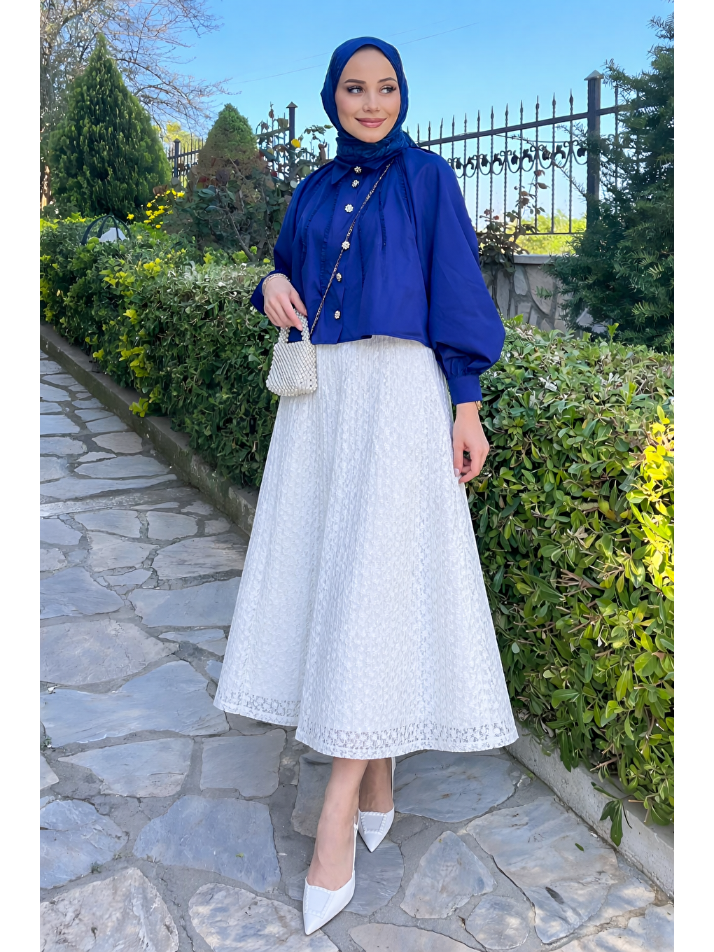 Kadın Premium Comfort Desenli Beyaz Uzun Tül Tesettür Etek