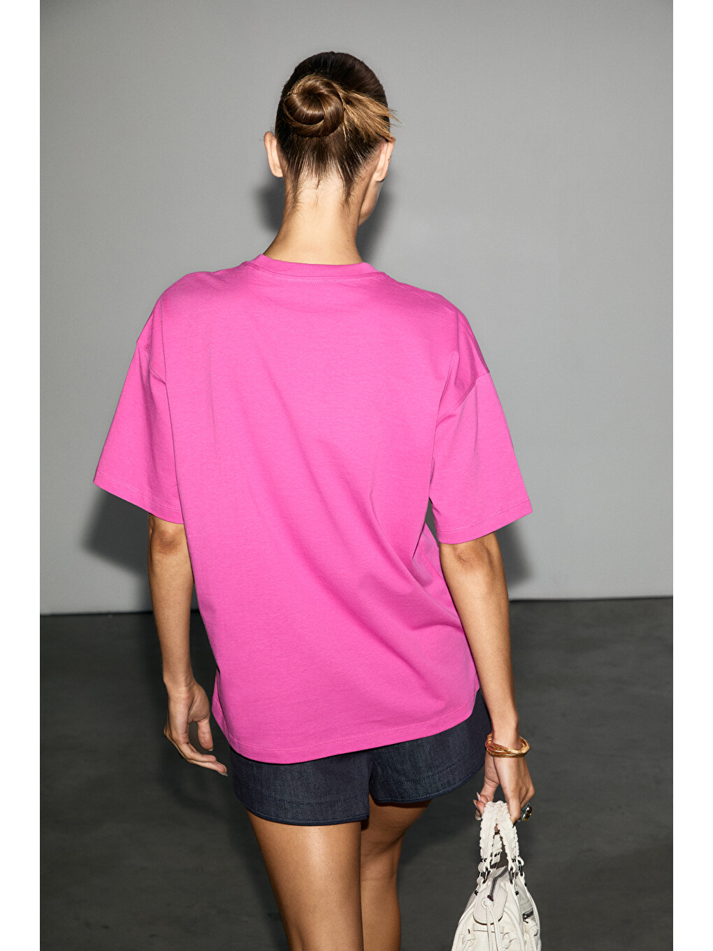 Fuşya LAGERTHA Kadın %100 organik Pamuklu Kalın Dokulu Oversize Fit Yuvarlak Yakalı FUŞYA T-Shirt-4