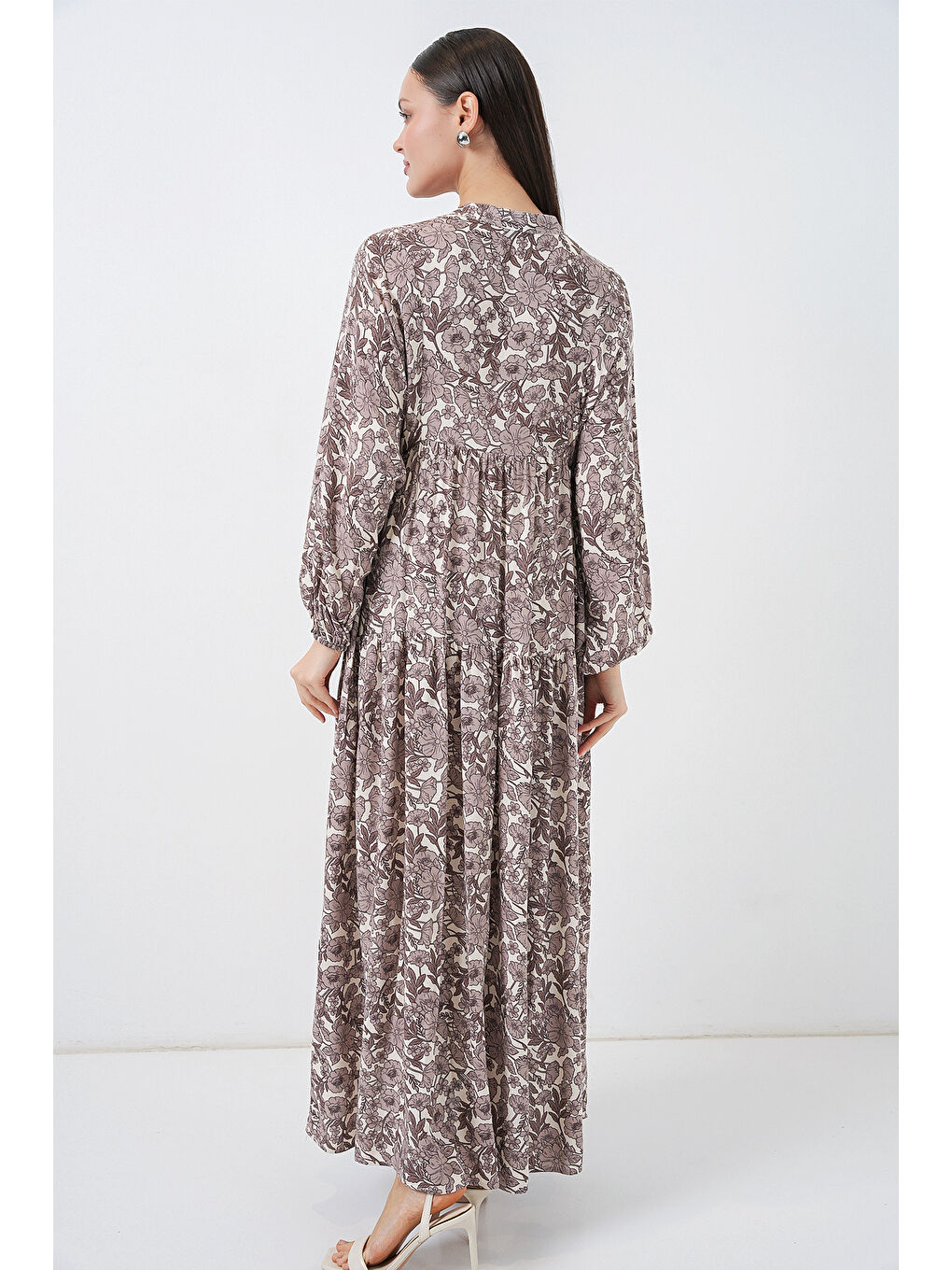 Kahverengi Kadın Desenli Uzun Tesettür Elbise 2585 - E. Kahve-6