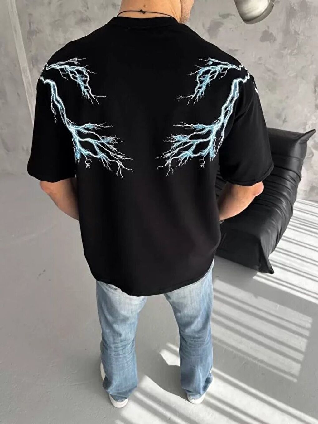 Unisex Bisiklet Yaka Baskılı Oversize T-Shirt - Siyah-2