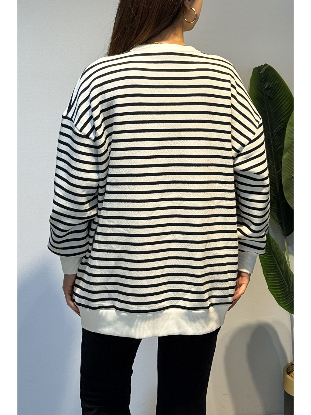 Bisiklet Yaka Çizgili Basic Uzun Kol Sweatshirt 3030 Lacivert-3