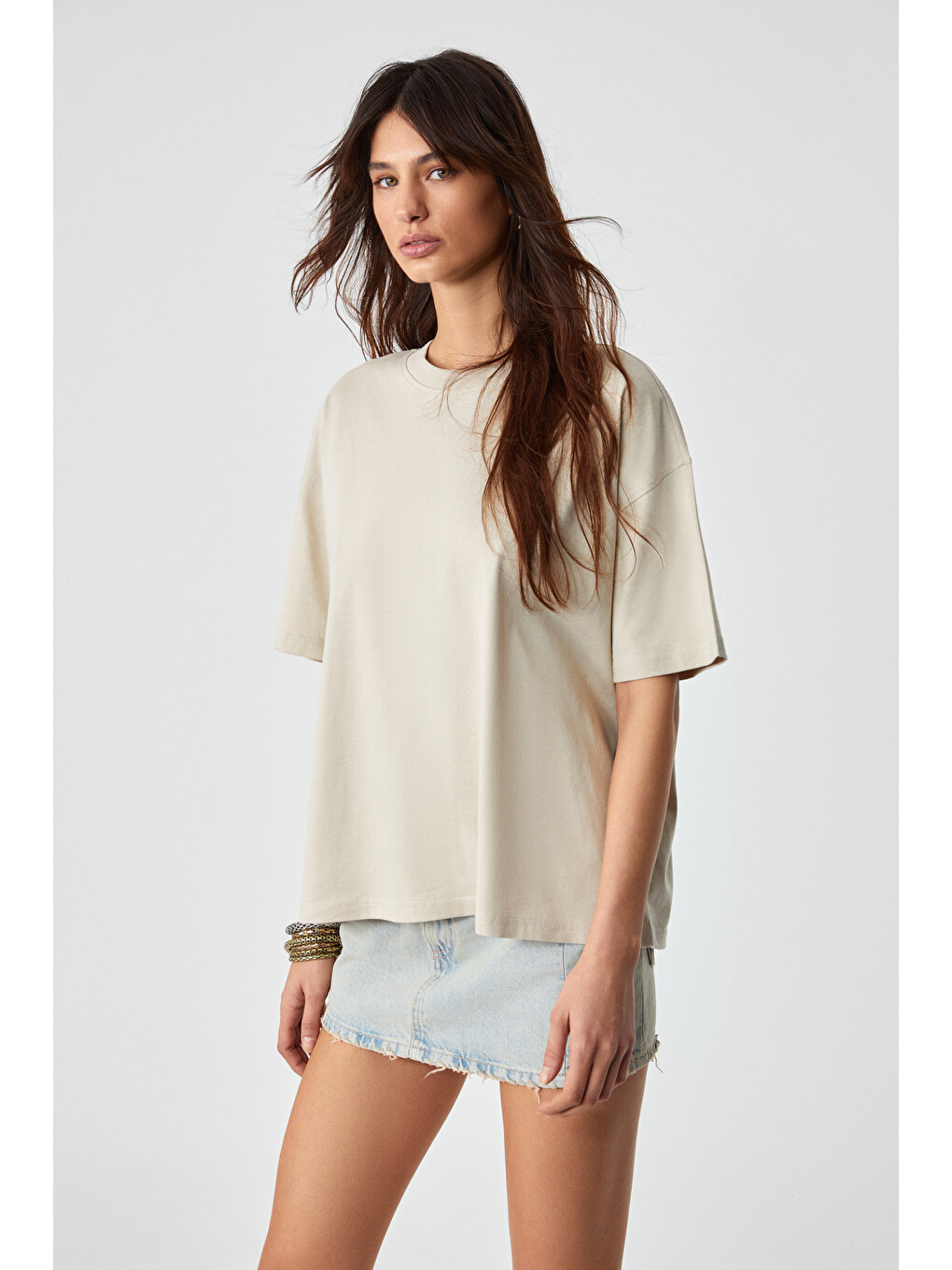 Bej LAGERTHA Kadın %100 organik Pamuklu Kalın Dokulu Oversize Fit Yuvarlak Yakalı TAŞ T-Shirt-3