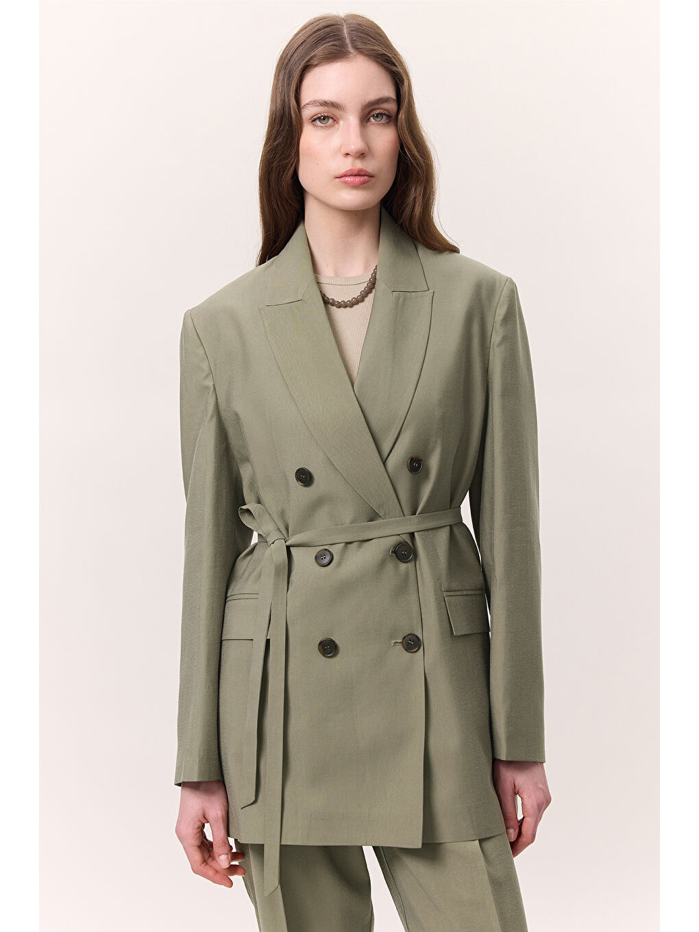 Yeşil Lyocell Kemerli Kruvaze Blazer Ceket Çağla