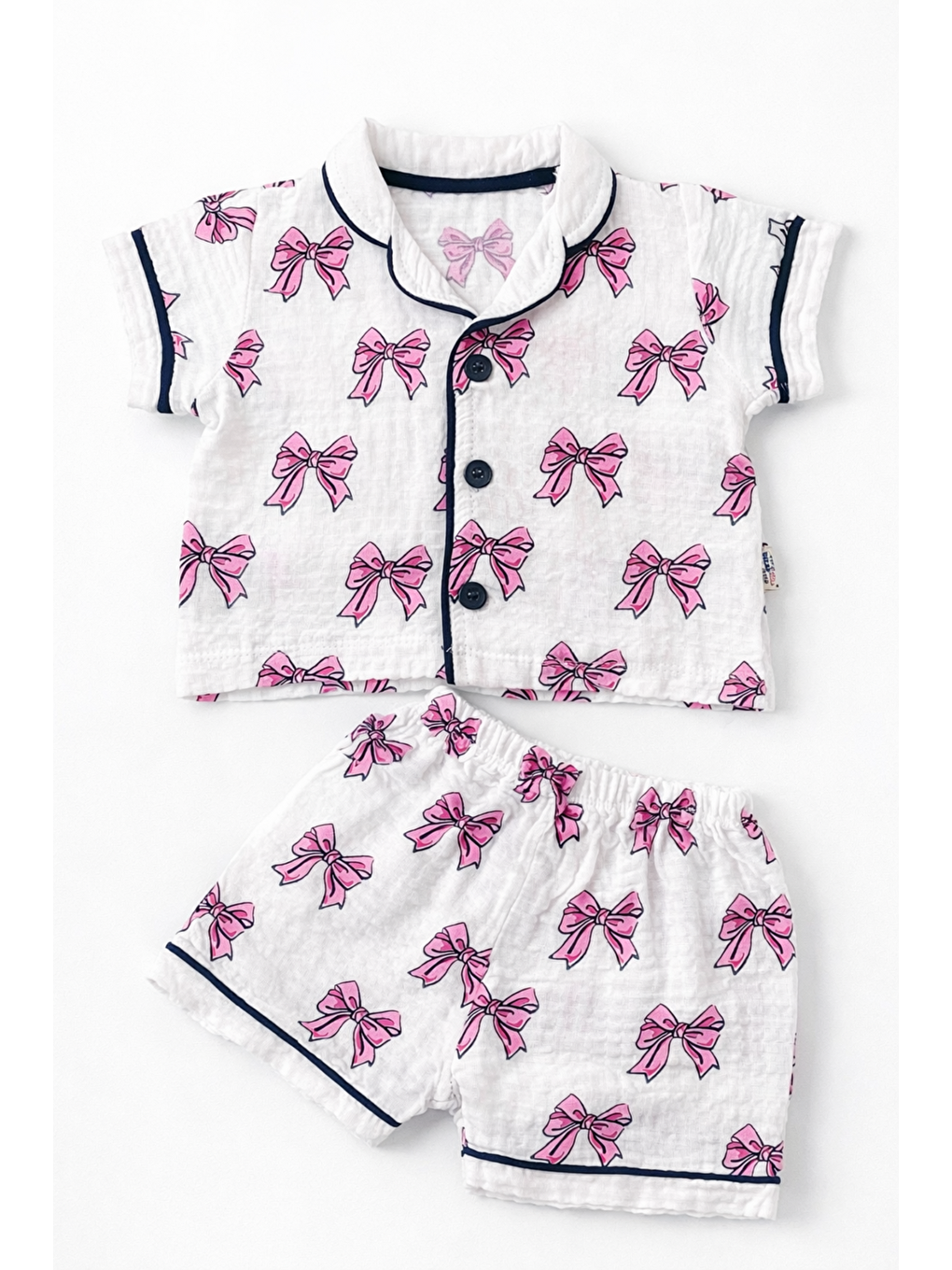 Beyaz Kız Bebek Müslin Kumaş Alt-Üst Pijama Takımı 2li Takım Şortlu Yazlık-1