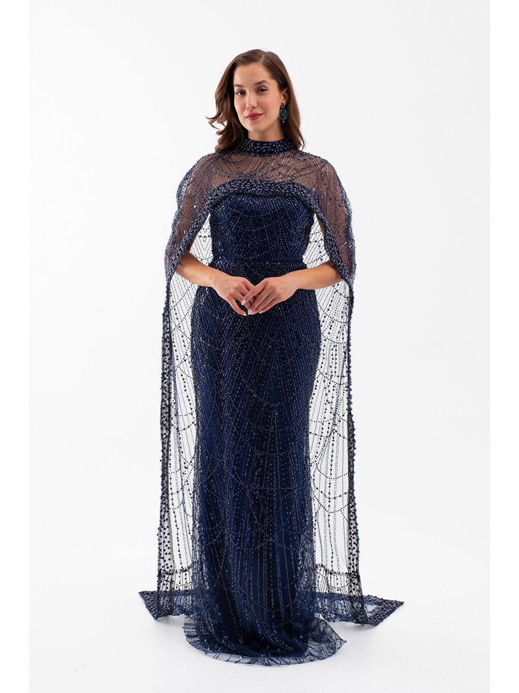 Kadın Lacivert Straplez Uzun Şal Detay Boncuklu Söz Nişan Abiye-1