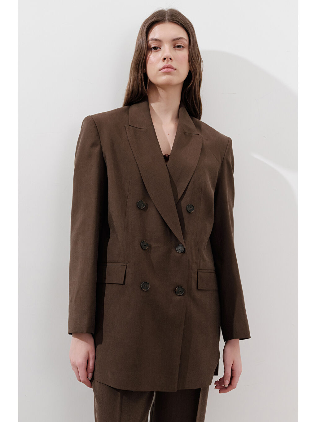 Kahverengi Lyocell Kemerli Kruvaze Blazer Ceket Acı Kahve