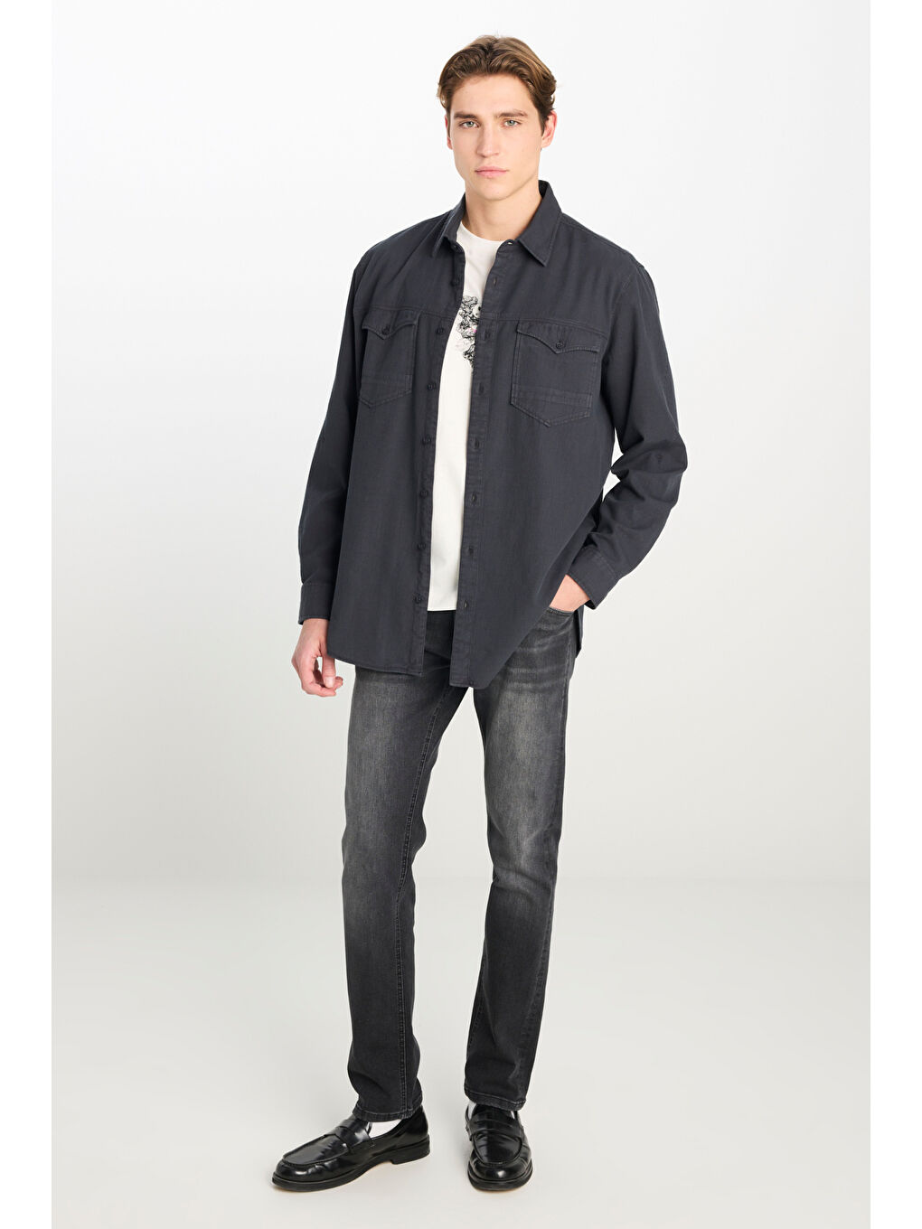 Antrasit Regular Fit Normal Kesim %100 Pamuk Gömlek Ceket-2