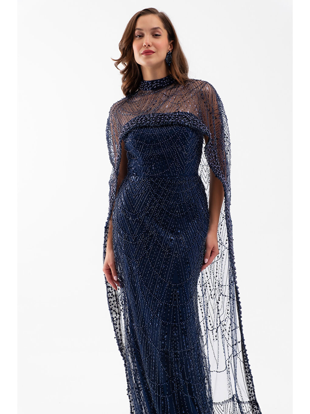 Kadın Lacivert Straplez Uzun Şal Detay Boncuklu Söz Nişan Abiye-2