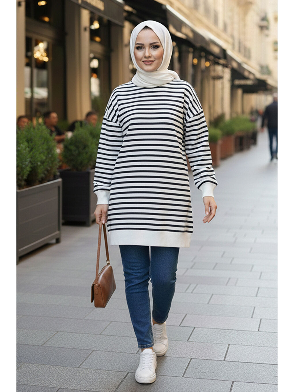 Bisiklet Yaka Çizgili Basic Uzun Kol Sweatshirt 3030 Lacivert-4