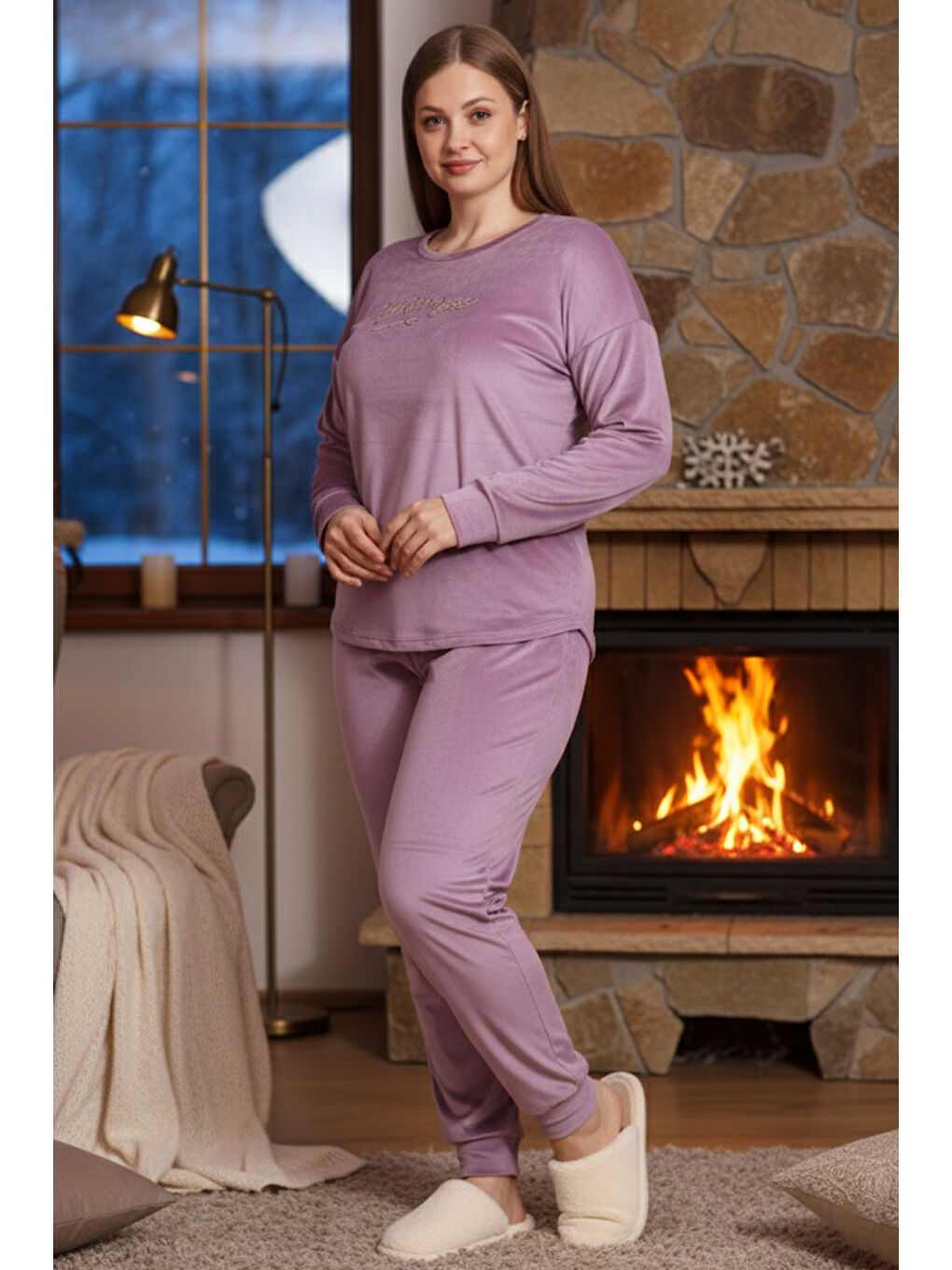 Büyük Beden Kadın Kadife Pijama Takımı 25391 Lila
