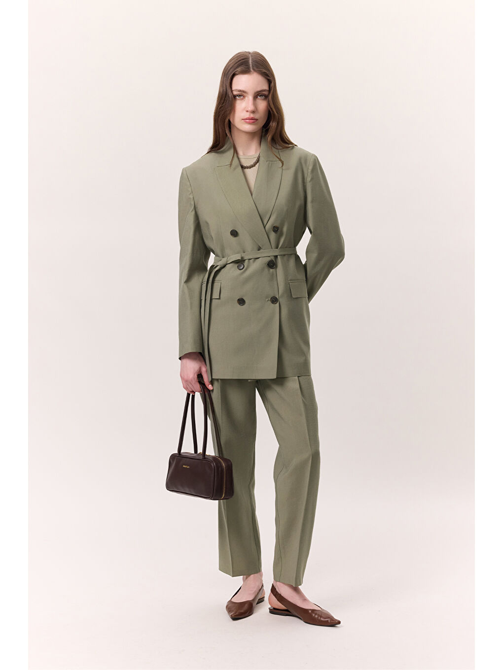 Yeşil Lyocell Kemerli Kruvaze Blazer Ceket Çağla-1