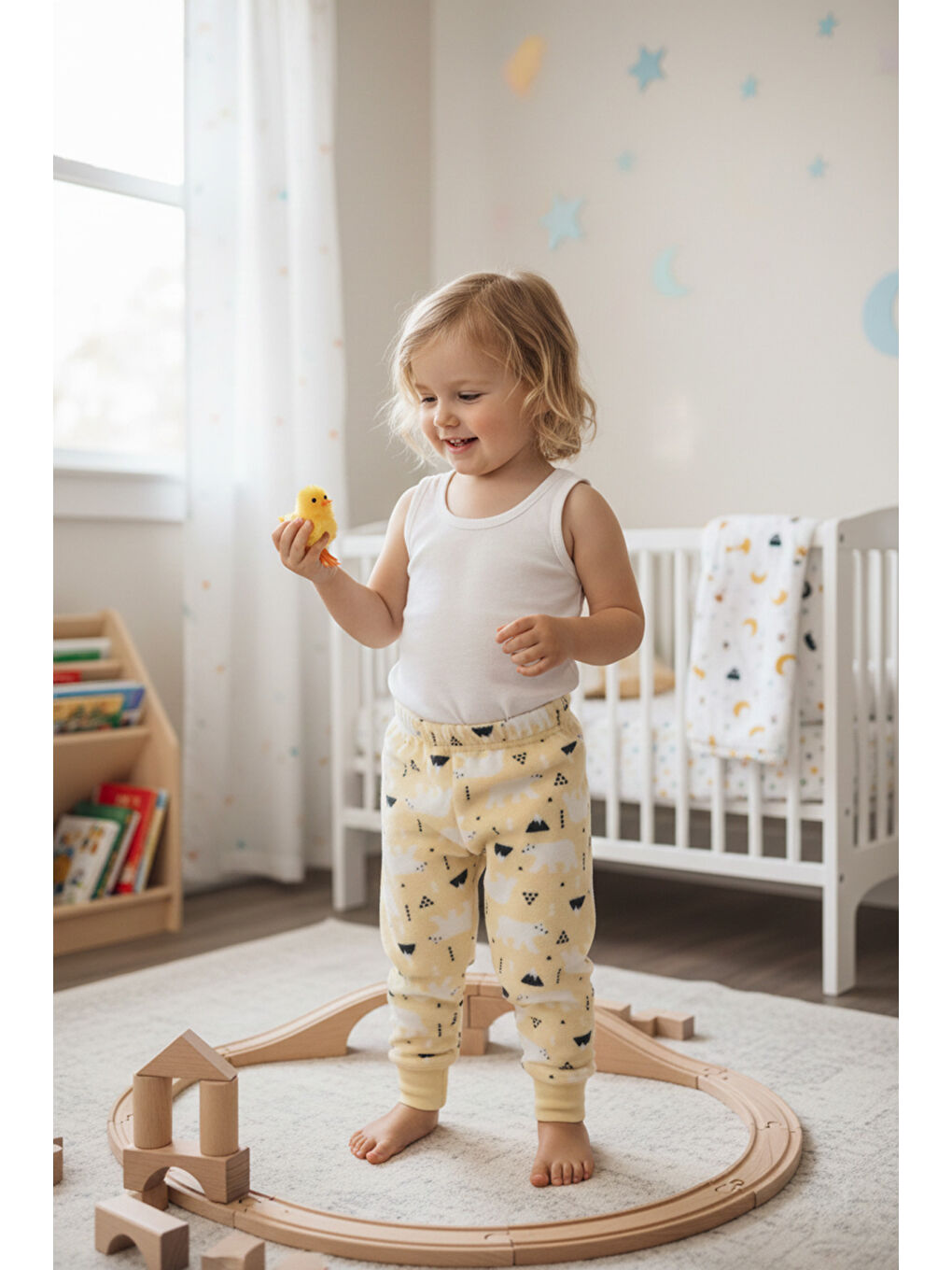 Ekru Kutup Ayısı Desenli Polar Unisex Çocuk Pijama Altı-1