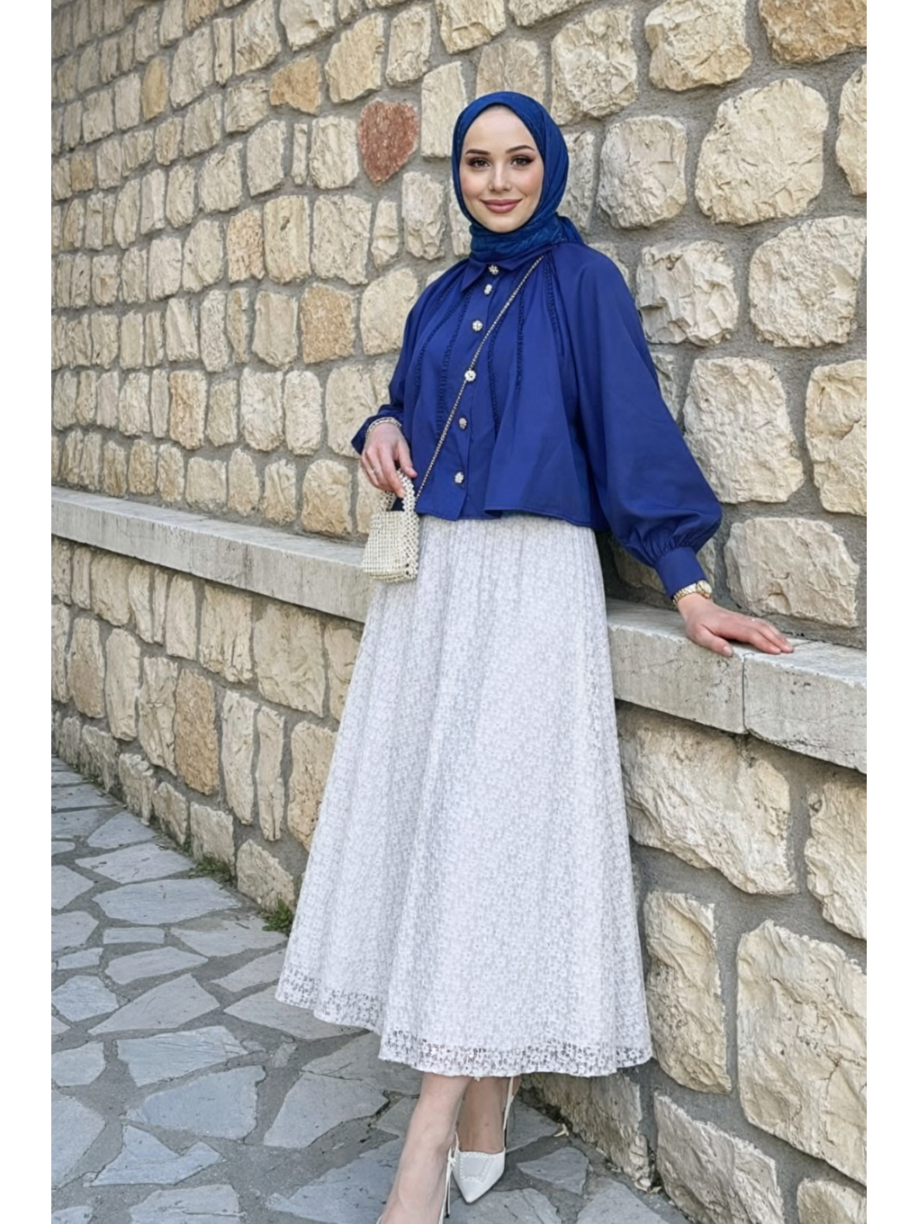 Kadın Premium Comfort Desenli Beyaz Uzun Tül Tesettür Etek-1