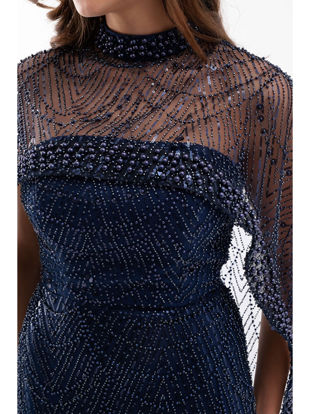 Kadın Lacivert Straplez Uzun Şal Detay Boncuklu Söz Nişan Abiye-3