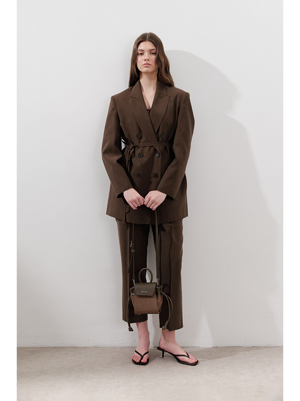 Kahverengi Lyocell Kemerli Kruvaze Blazer Ceket Acı Kahve-4