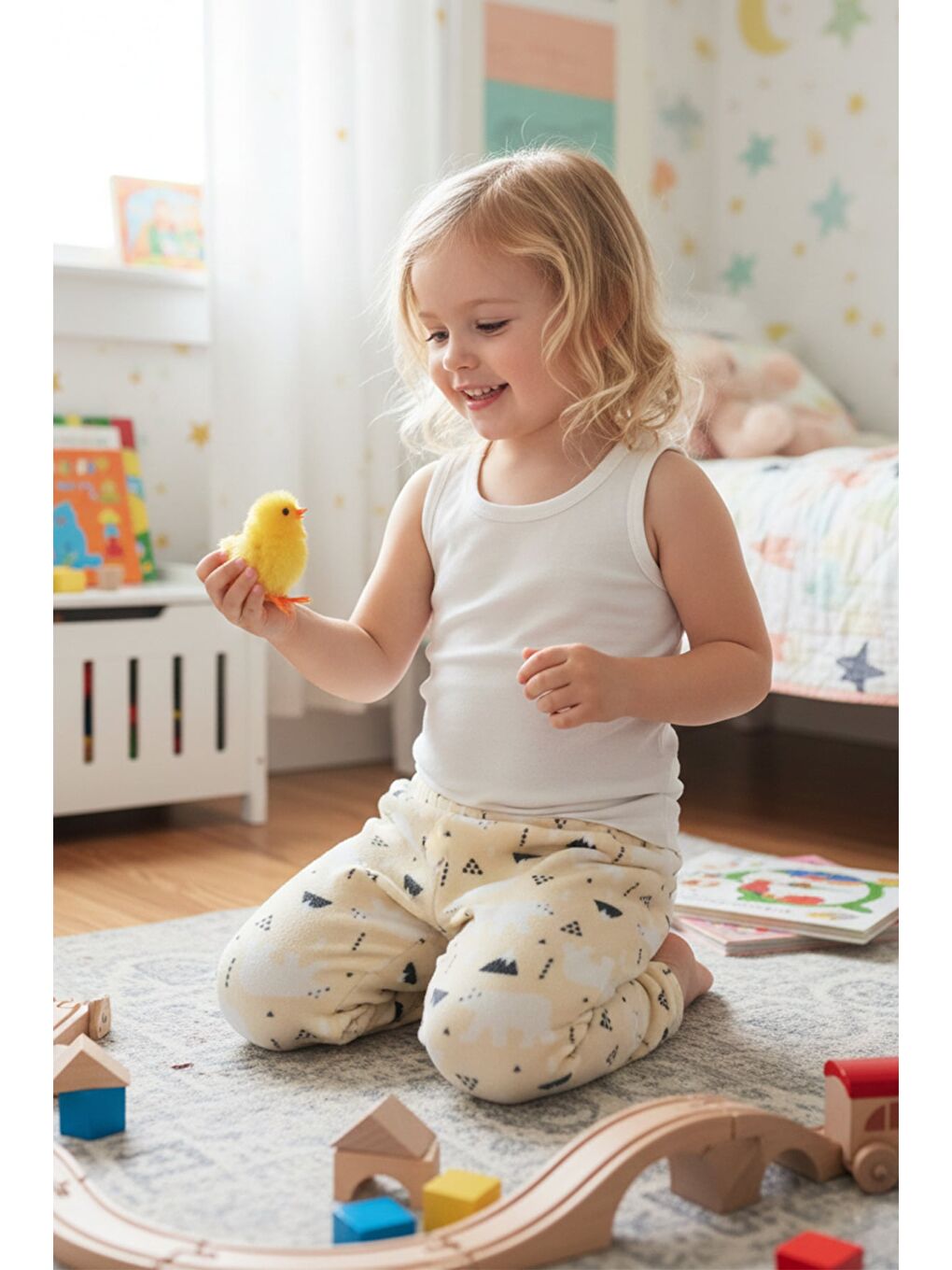 Ekru Kutup Ayısı Desenli Polar Unisex Çocuk Pijama Altı-2