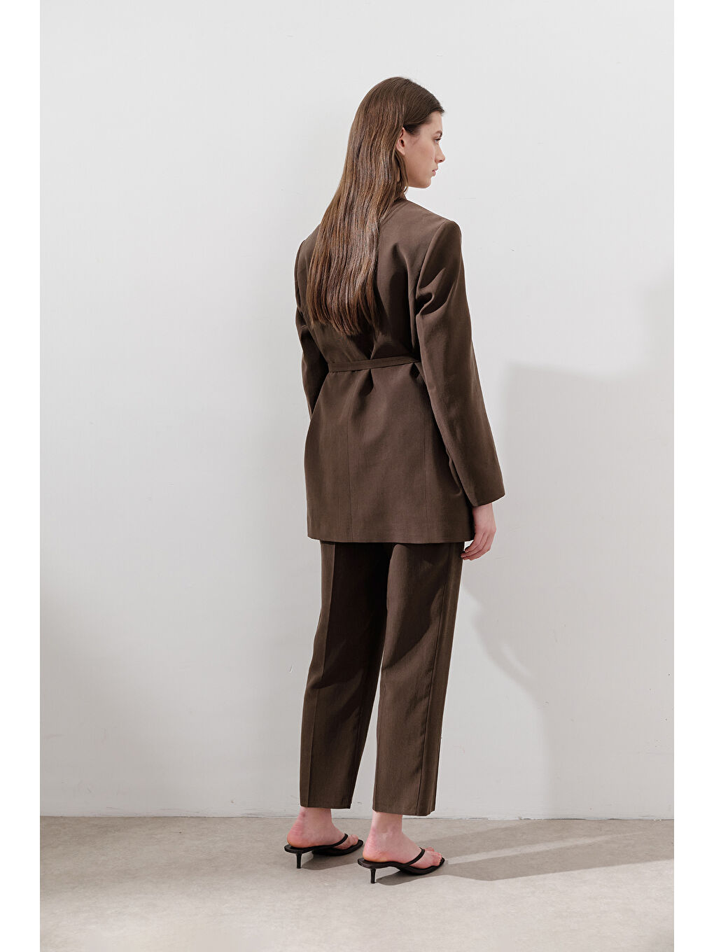 Kahverengi Lyocell Kemerli Kruvaze Blazer Ceket Acı Kahve-5