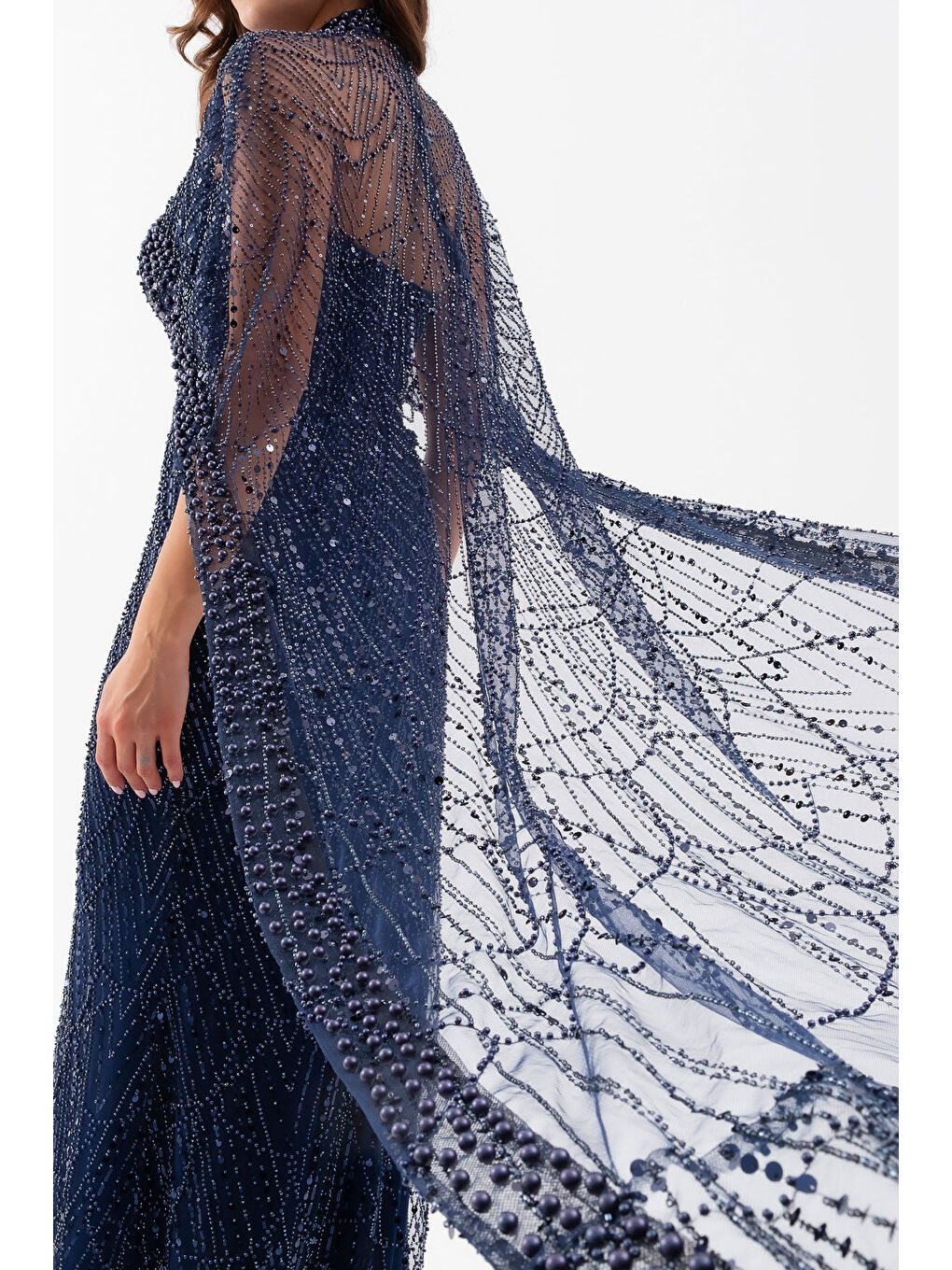 Kadın Lacivert Straplez Uzun Şal Detay Boncuklu Söz Nişan Abiye-4