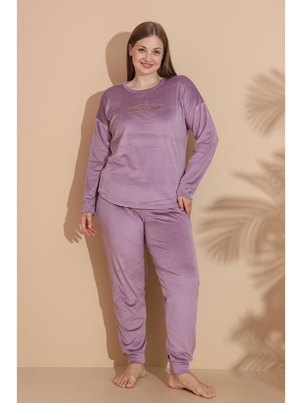 Büyük Beden Kadın Kadife Pijama Takımı 25391 Lila-2