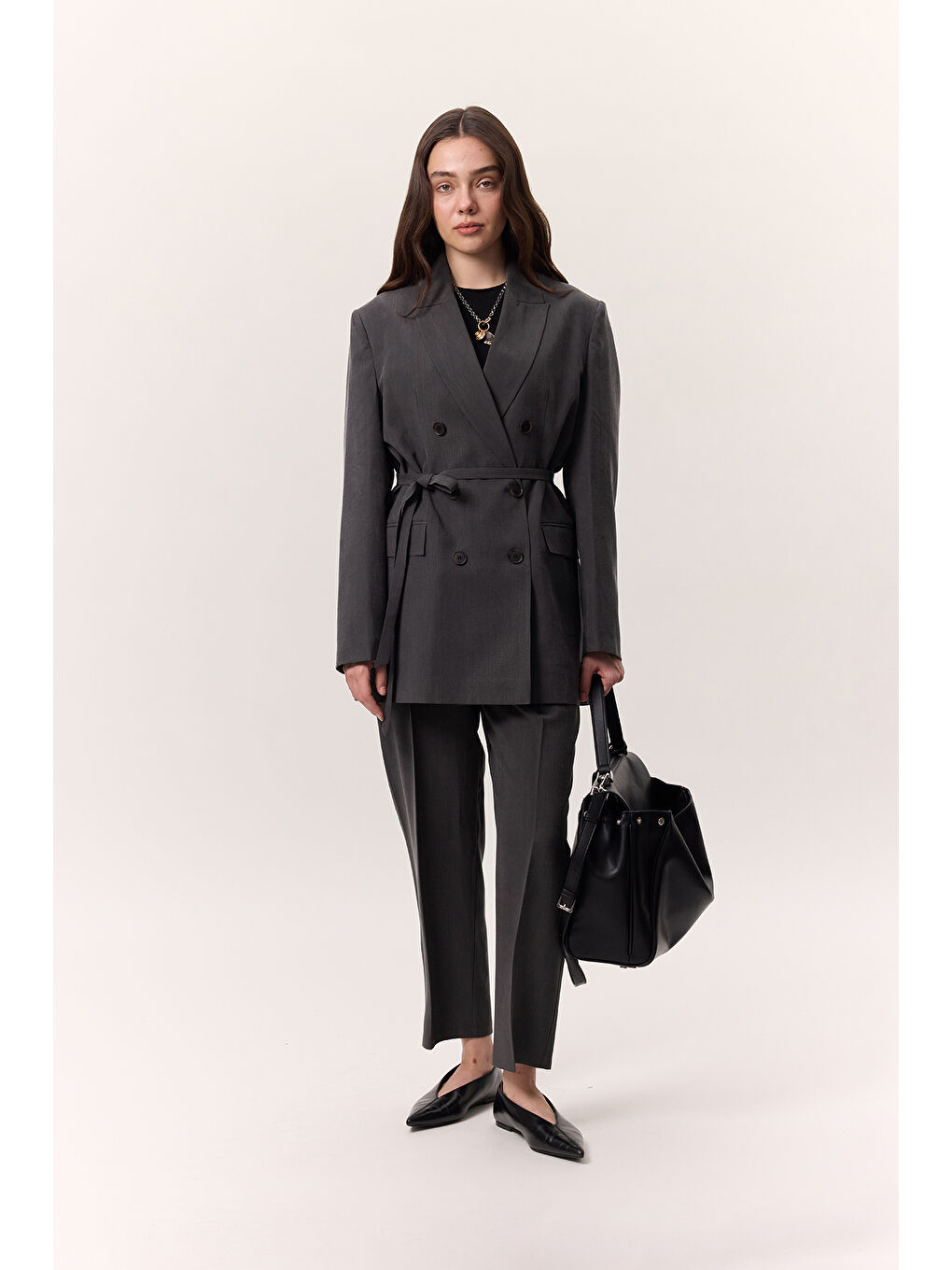 Lyocell Kemerli Kruvaze Blazer Ceket Antrasit-1