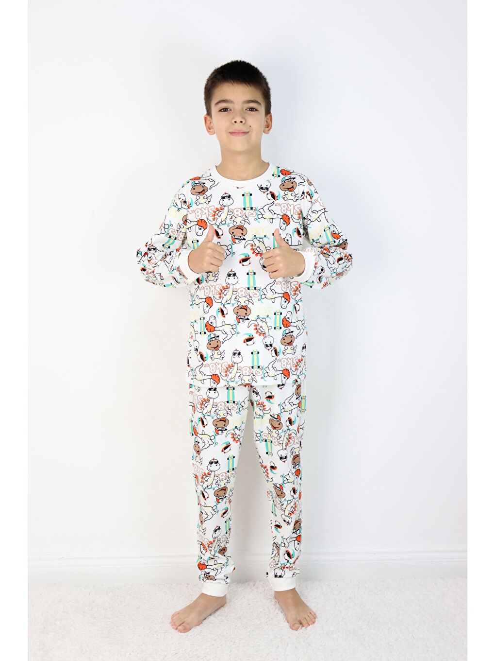 Gri Erkek Çocuk Baskılı interlok Kumaş Uzun Kollu Pijama Takımı-1