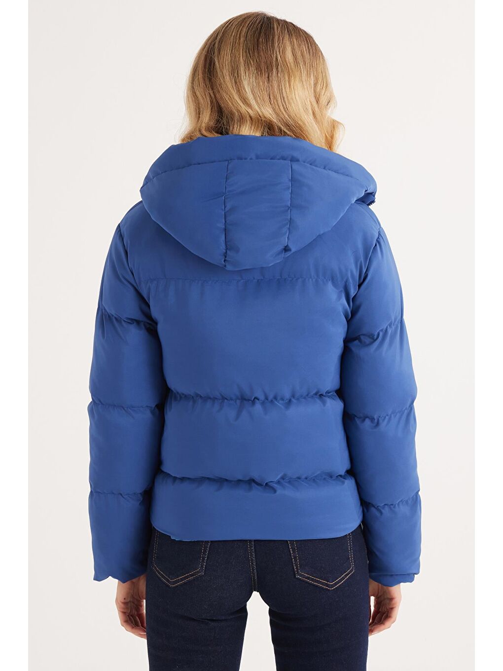 Kadın Regular Fit Klasik Kesim Kapüşonlu Şişme İndigo Mont-6