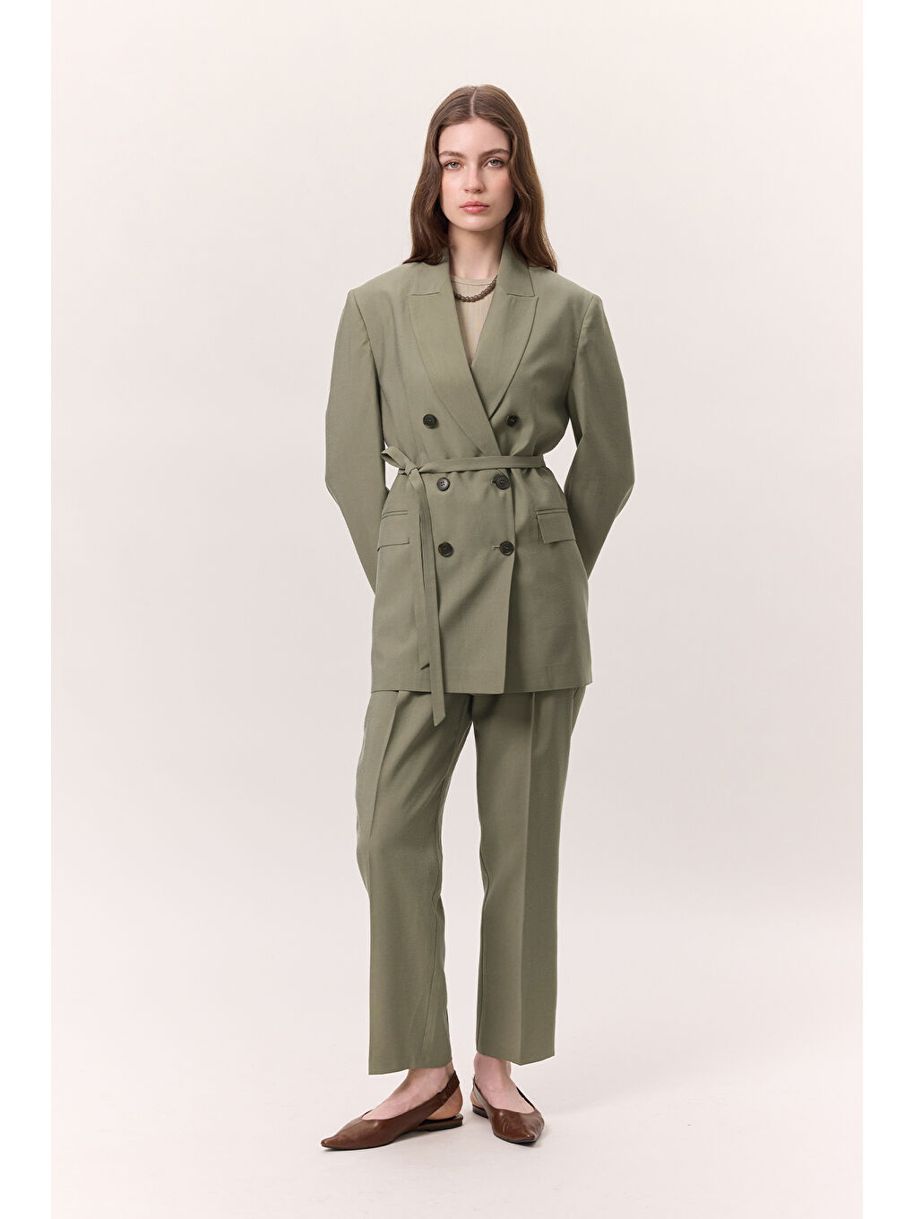 Yeşil Lyocell Kemerli Kruvaze Blazer Ceket Çağla-3