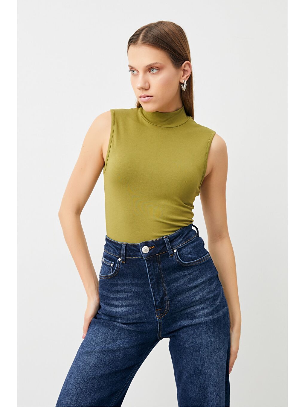 Kadın Yağ Yeşili Kolsuz Body-1