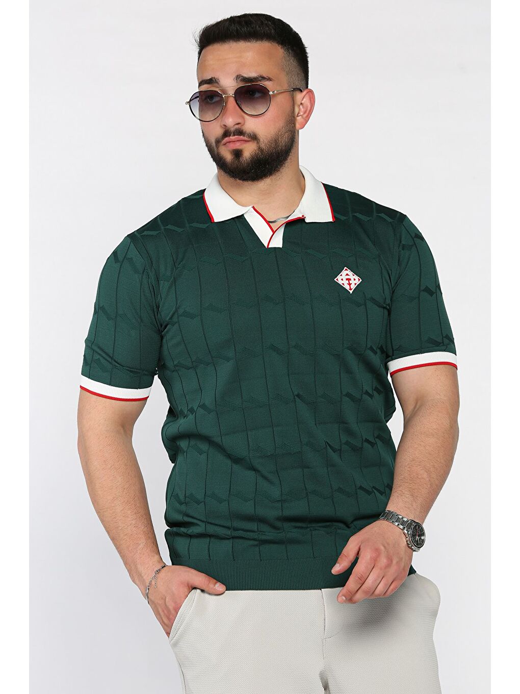 Yeşil Polo Yaka Desenli Triko Tişört-1