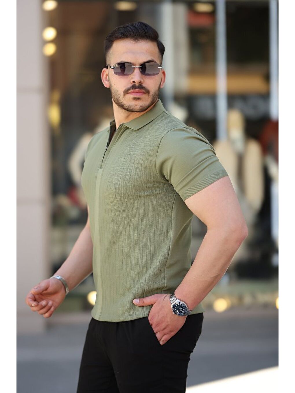 Haki Erkek Yakası Fermuarlı Kısa Kollu T-shirt-1