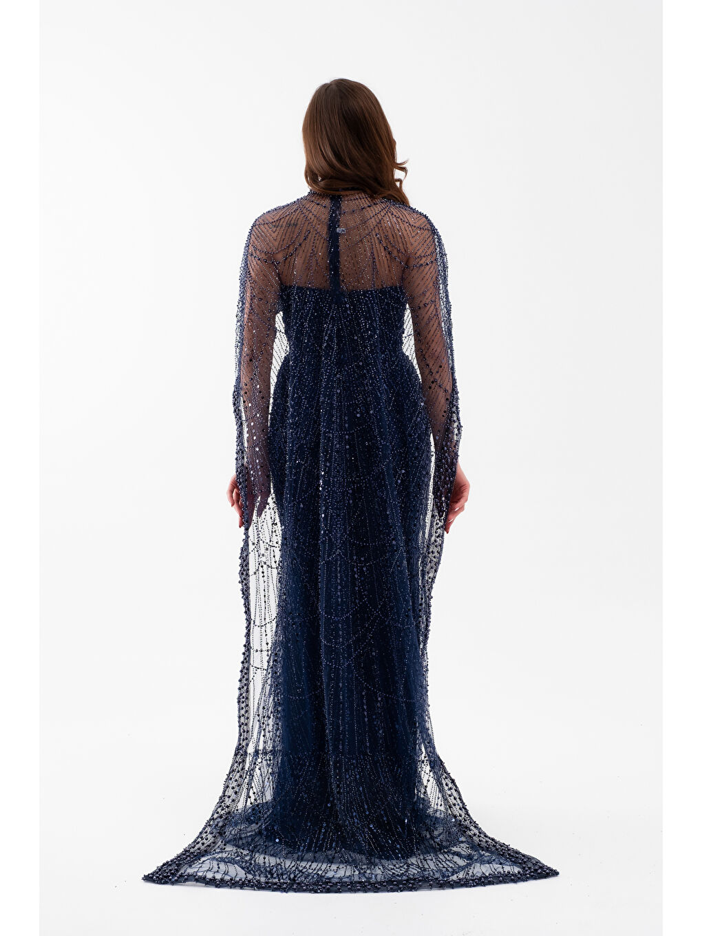 Kadın Lacivert Straplez Uzun Şal Detay Boncuklu Söz Nişan Abiye-5