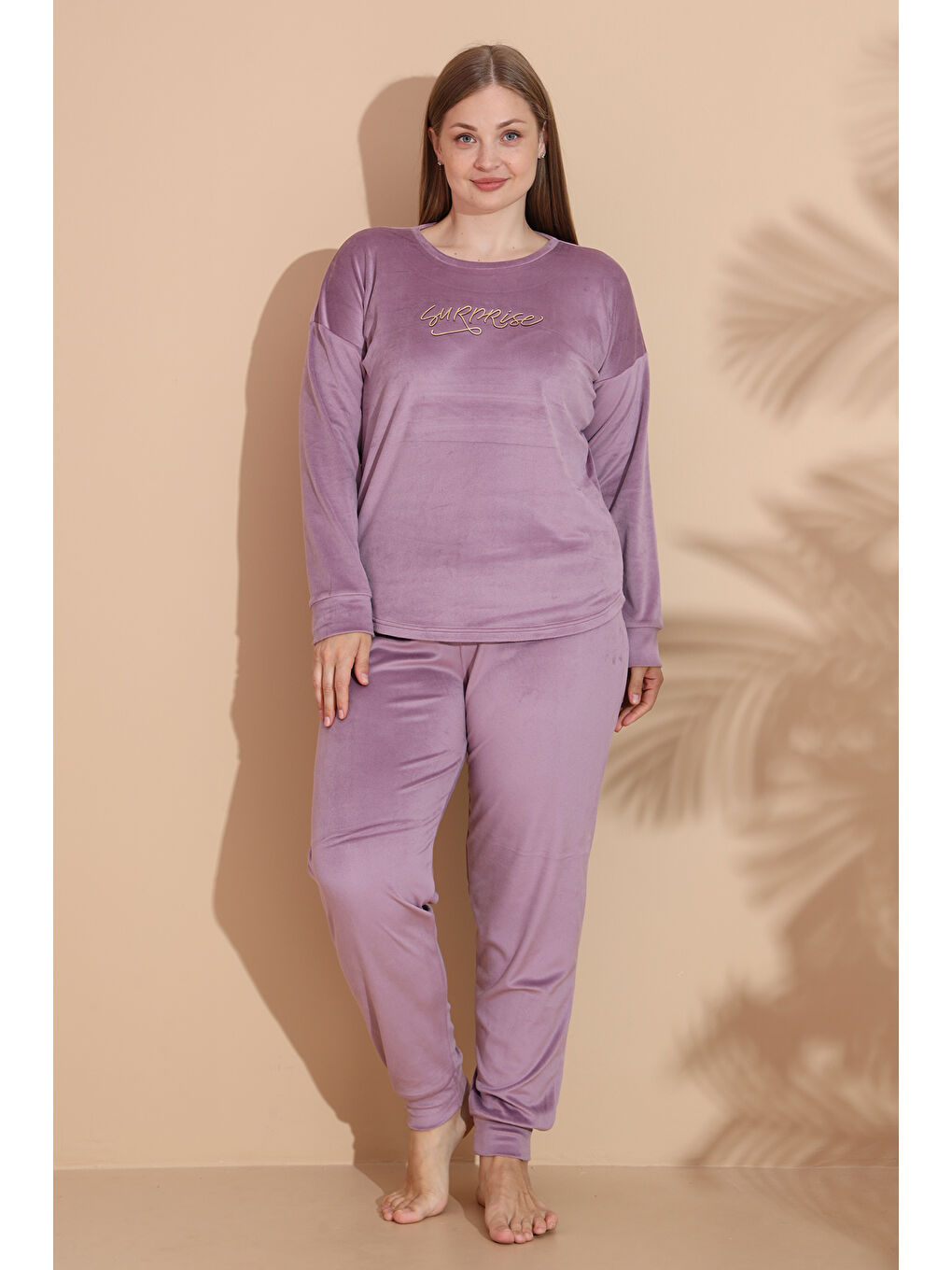 Büyük Beden Kadın Kadife Pijama Takımı 25391 Lila-3