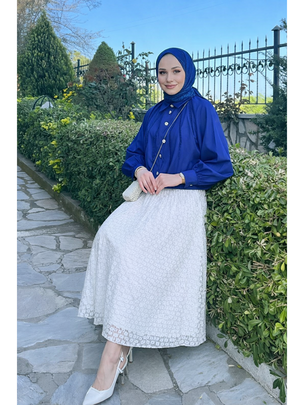 Kadın Premium Comfort Desenli Beyaz Uzun Tül Tesettür Etek-2