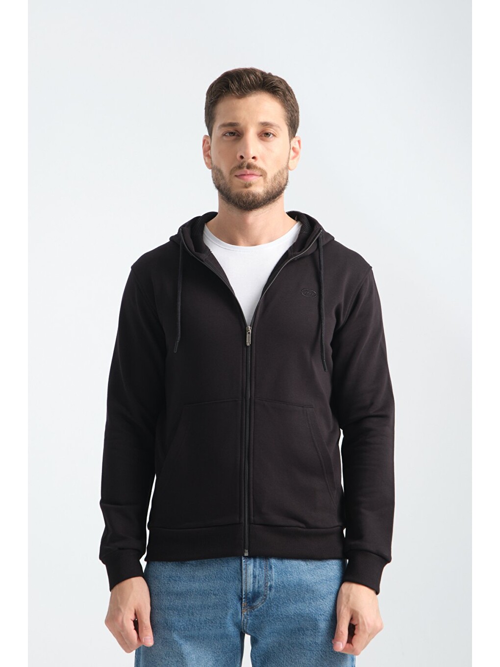 Siyah Erkek Üç İplik Şardonsuz Fermuarlı Kapüşonlu Sweatshirt