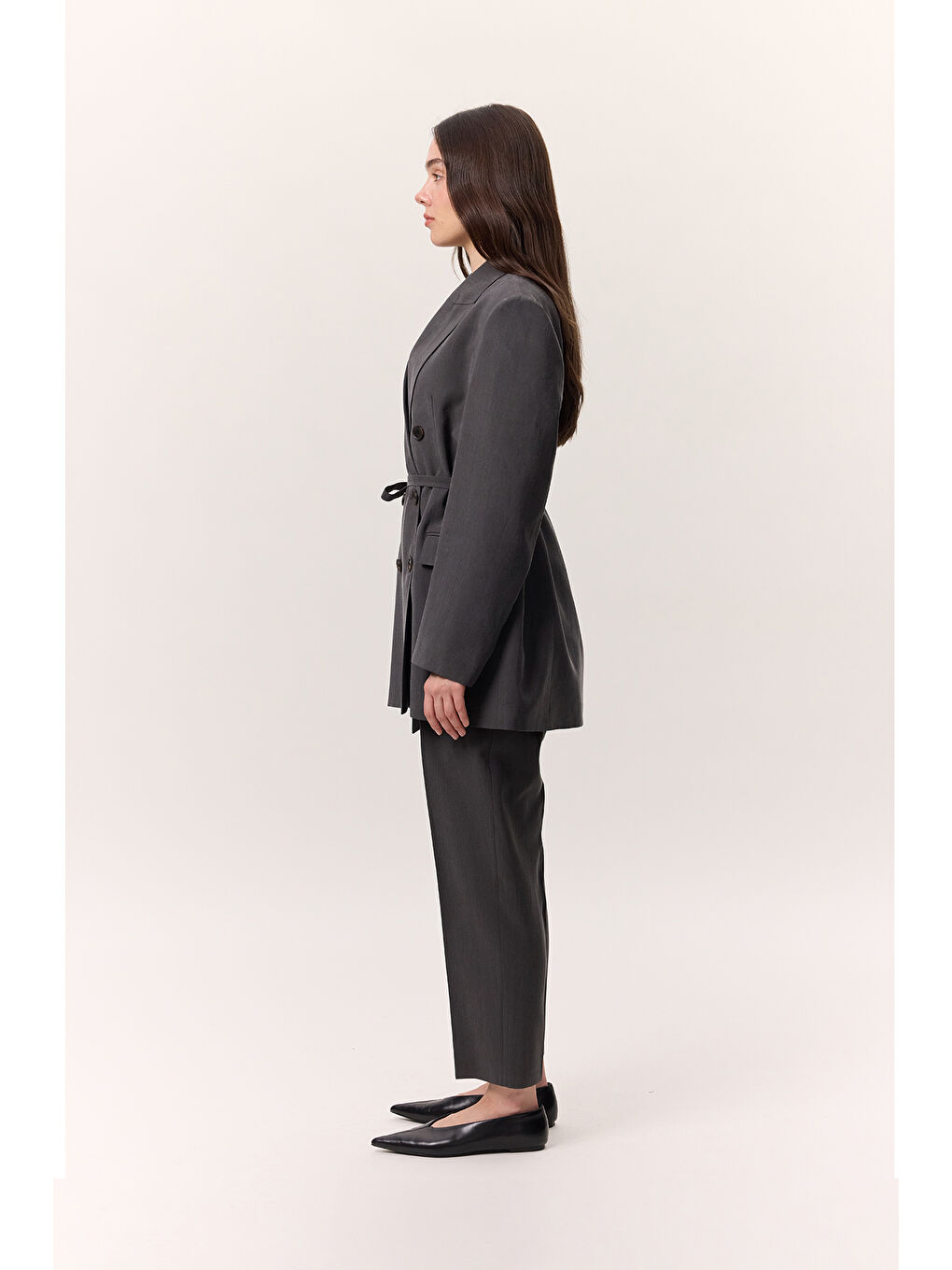 Lyocell Kemerli Kruvaze Blazer Ceket Antrasit-3