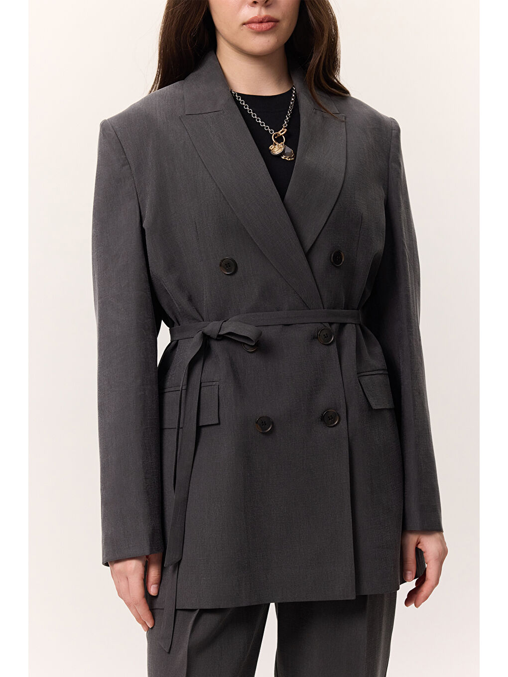 Lyocell Kemerli Kruvaze Blazer Ceket Antrasit-4