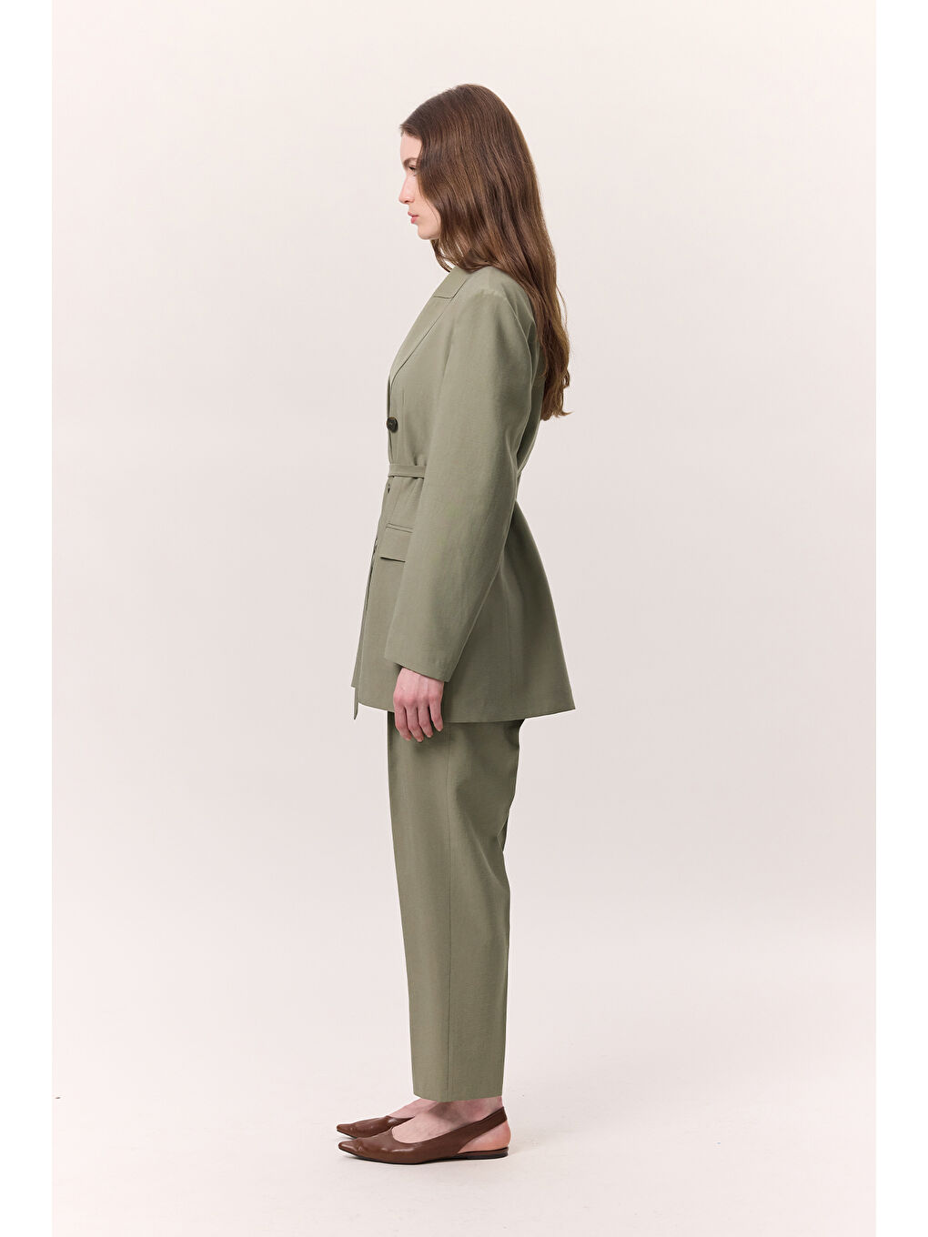 Yeşil Lyocell Kemerli Kruvaze Blazer Ceket Çağla-4