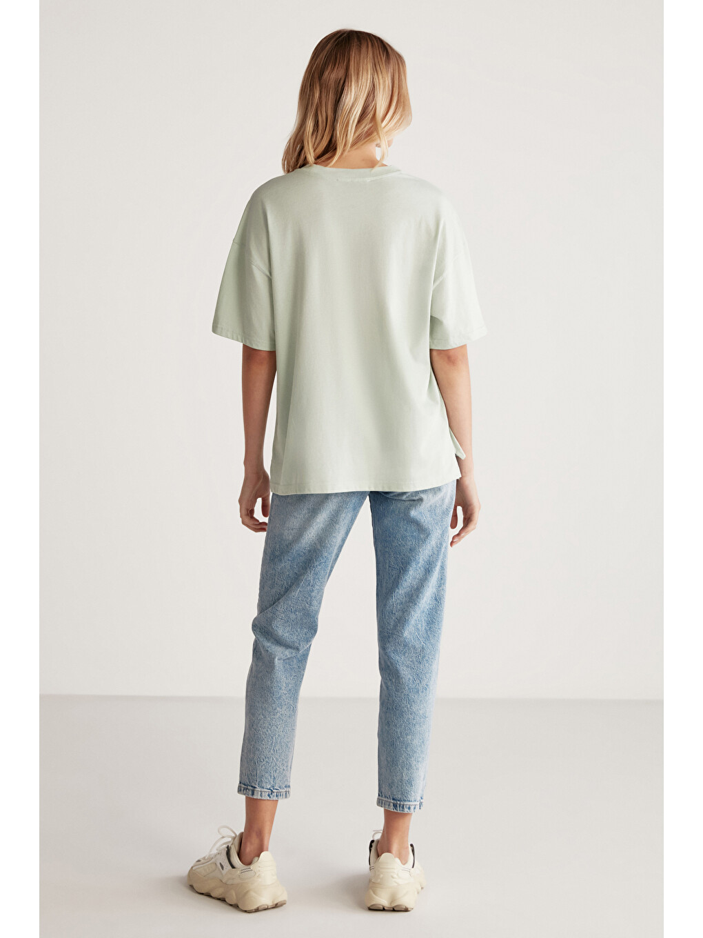 Yeşil Jemmy Kadın %100 Organik Pamuk Relaxed Fit Yırtmaçlı Yuvarlak Yakalı MİNT YEŞİL T-Shirt-5