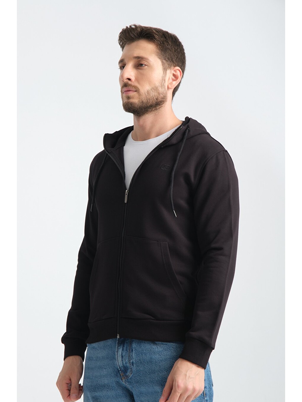 Siyah Erkek Üç İplik Şardonsuz Fermuarlı Kapüşonlu Sweatshirt-1